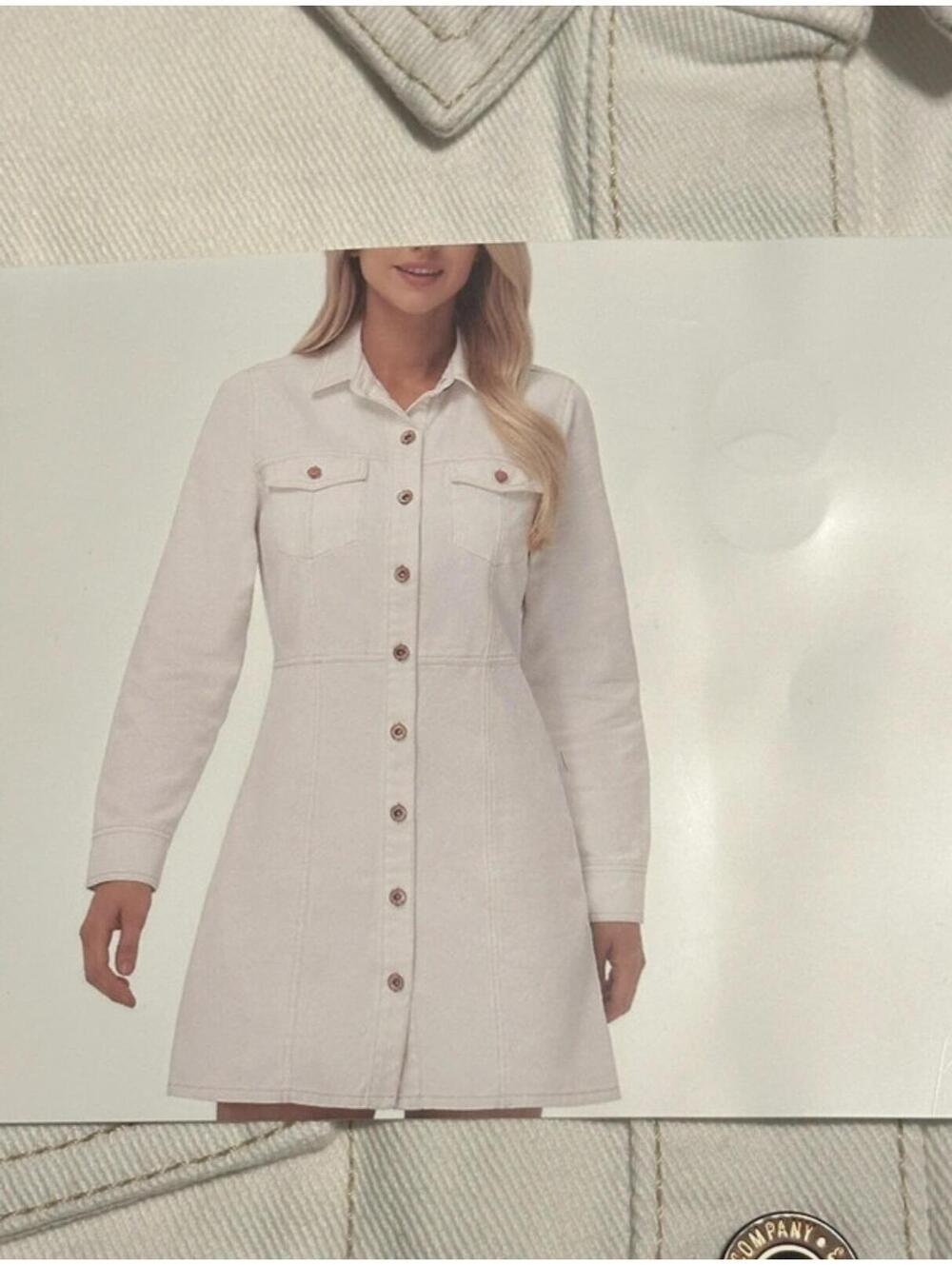 FRYE Bone Denim Dress with Button Front and Cinch Waist, L